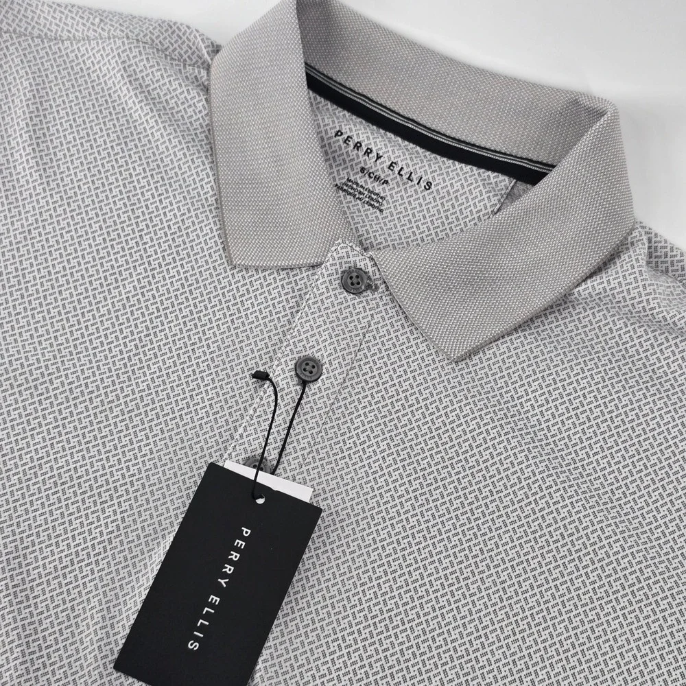 Perry Ellis Polo Shirt Mens Small Grey Geometric Microprint Short Sleeve NWT